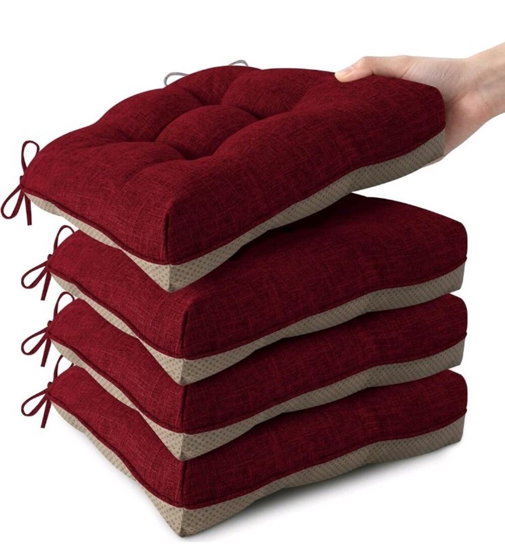 4 Pack Chair Cushionss 16" x 16" x 3" RedThick Linen, Non-Slip 11 Inch Ties